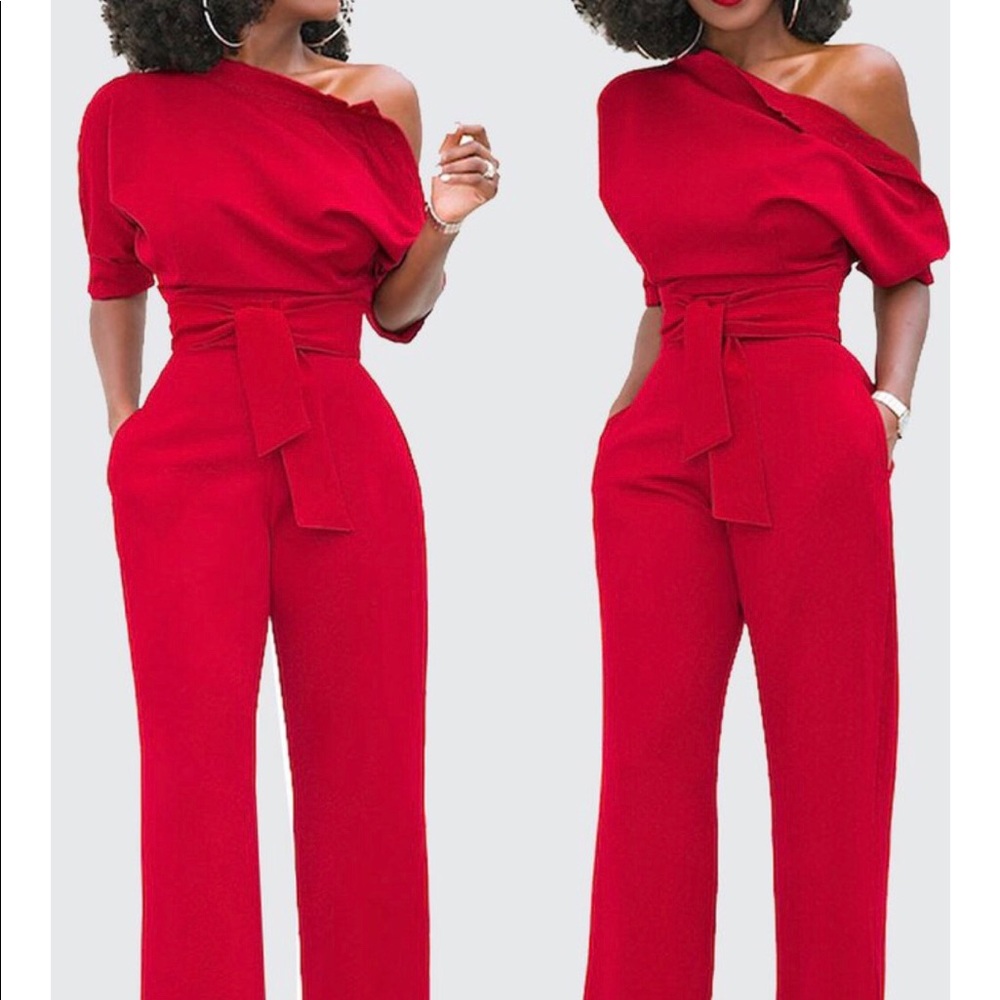 Red off shoulder jumper jumpsuit playsuit
